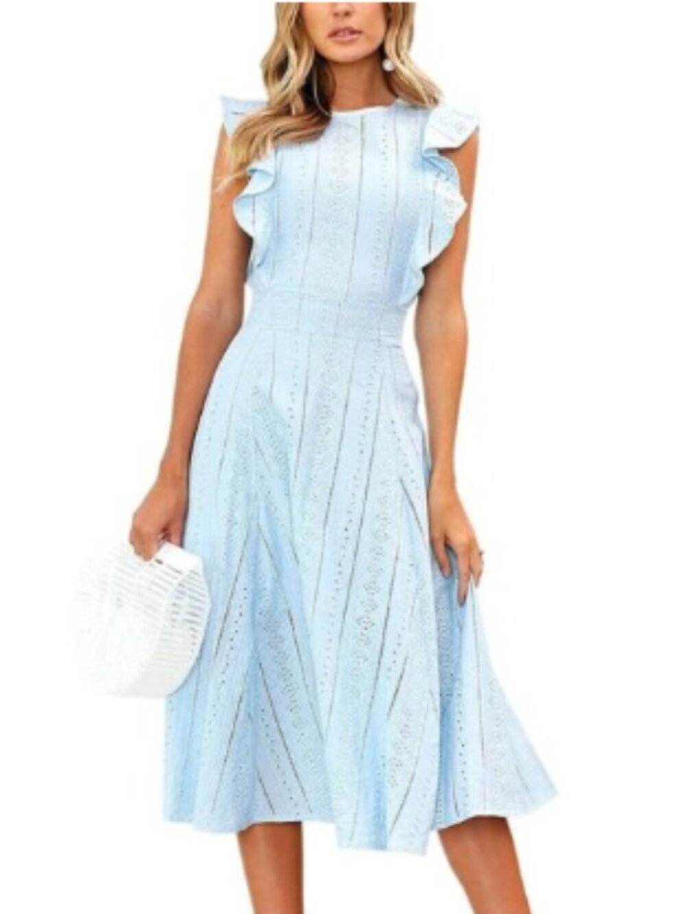 NWOT-Light Blue Eyelet Ruffle Sleeve A-Line Midi Dress-Size Medium